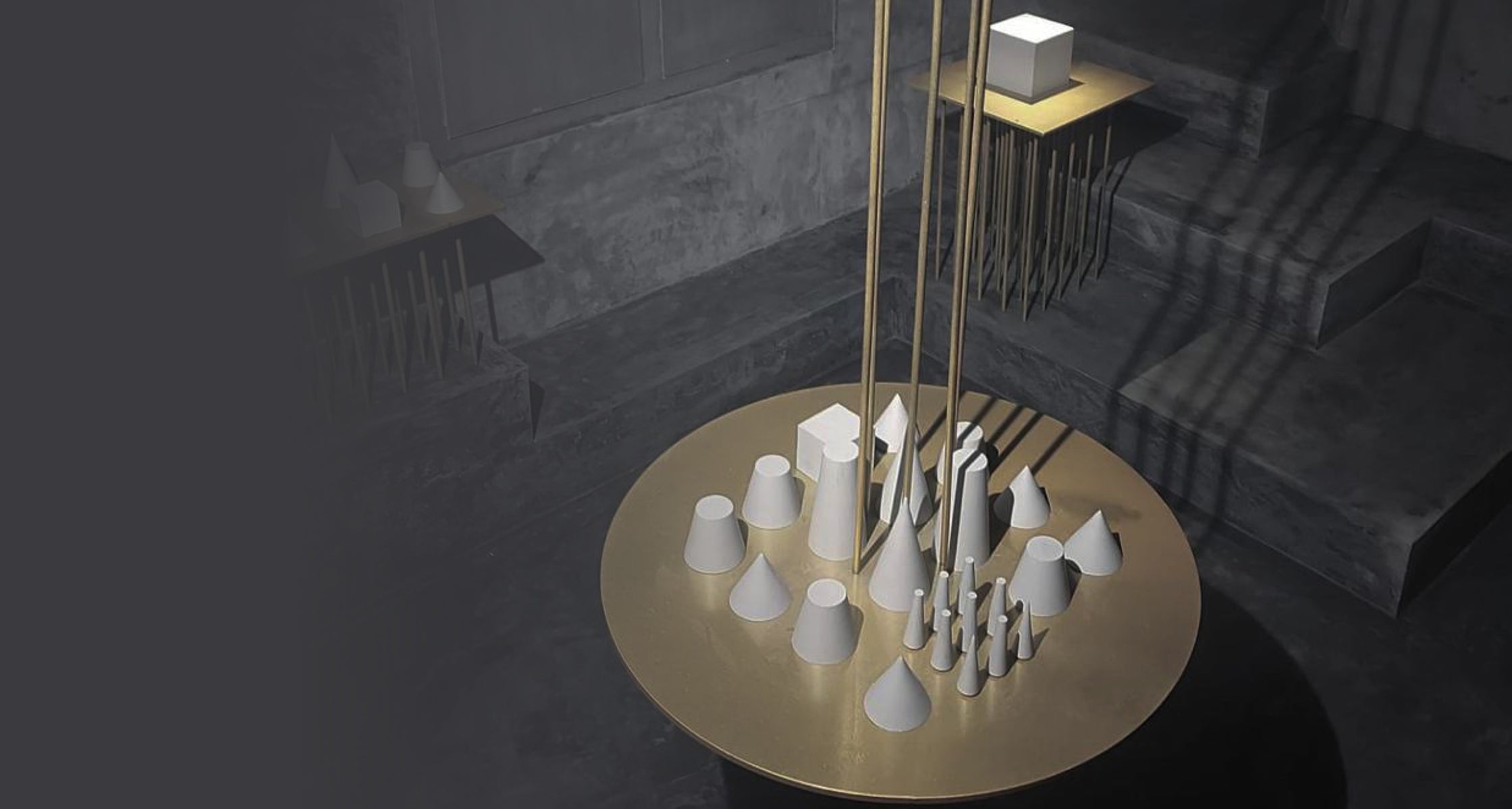 Sculptures in a dimly lit room